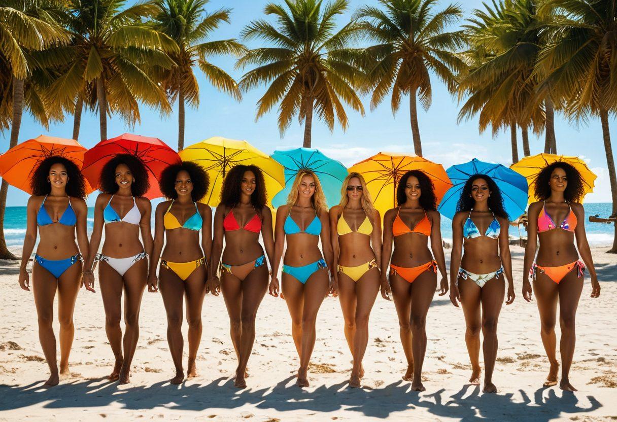 A sun-kissed beach scene featuring diverse models showcasing a variety of stylish bikinis, each representing different body types, standing confidently on the sandy shore. In the background, vibrant beach umbrellas and soft waves create a lively atmosphere while palm trees sway gently. The sunlight creates a warm, inviting glow over the scene, enhancing the colors of the bikinis. super-realistic. vibrant colors. beach setting.